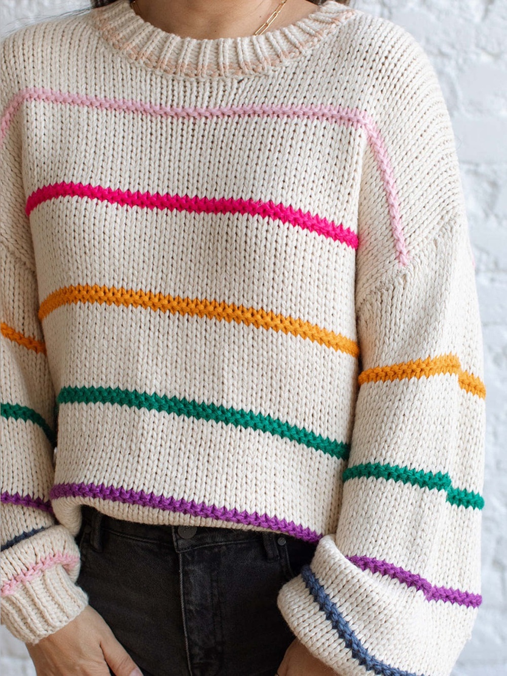 Cream Stripe Knit Sweater with Multicolor Accents